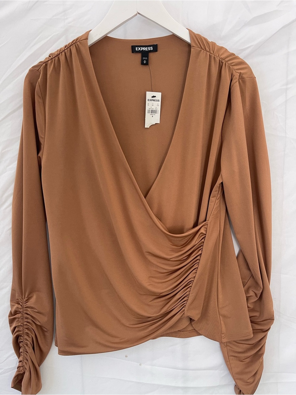 Express Camel Ruched Wrap-Front Blouse